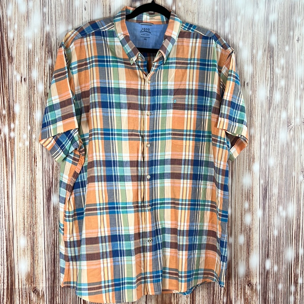 Men’s Izod Saltwater Short Sleeved Plaid Button Up Shirt XXL